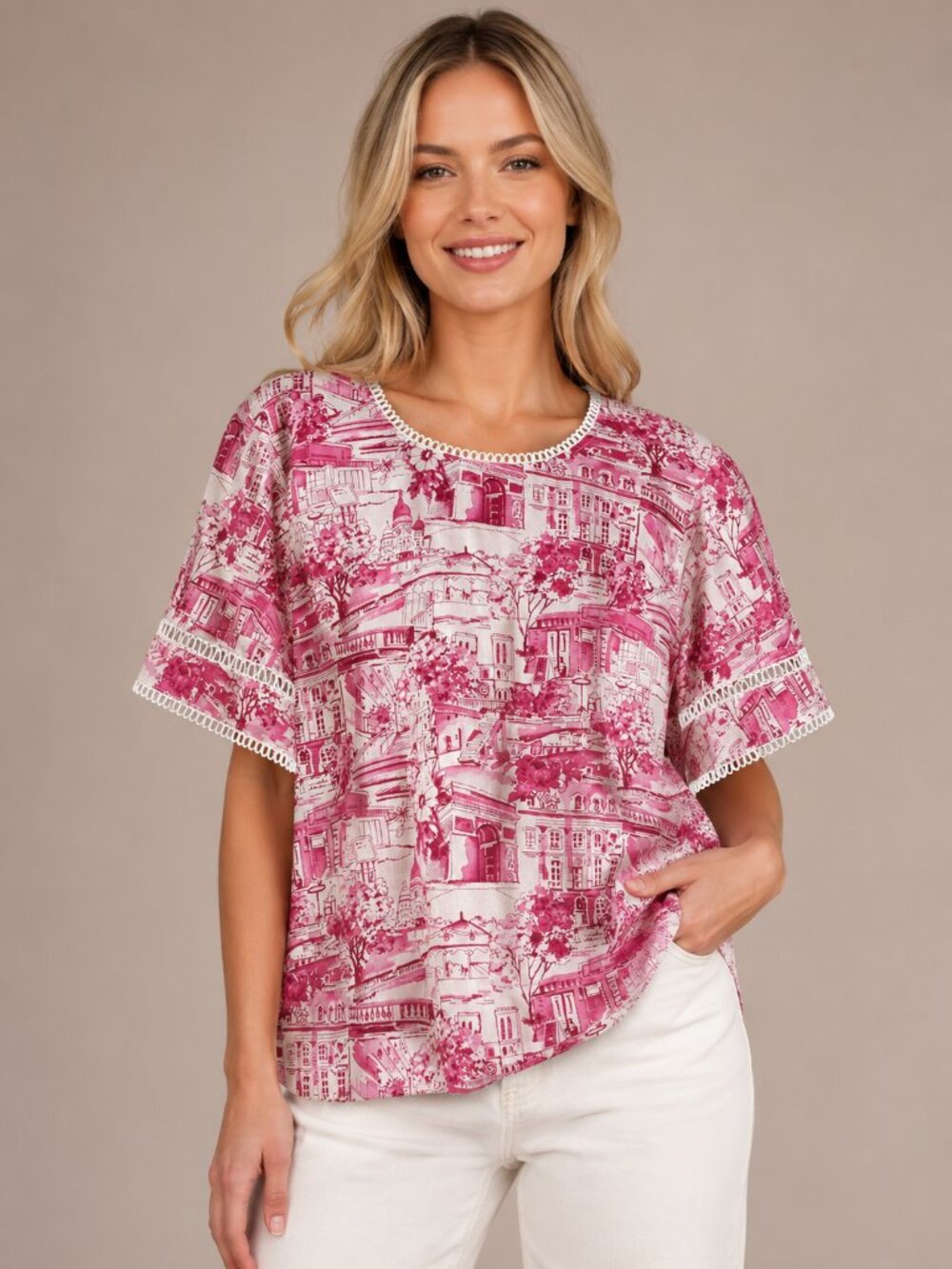 Karl Lagerfeld Paris Pink Toile de Jouy Blouse 2XL L5JAIA53
